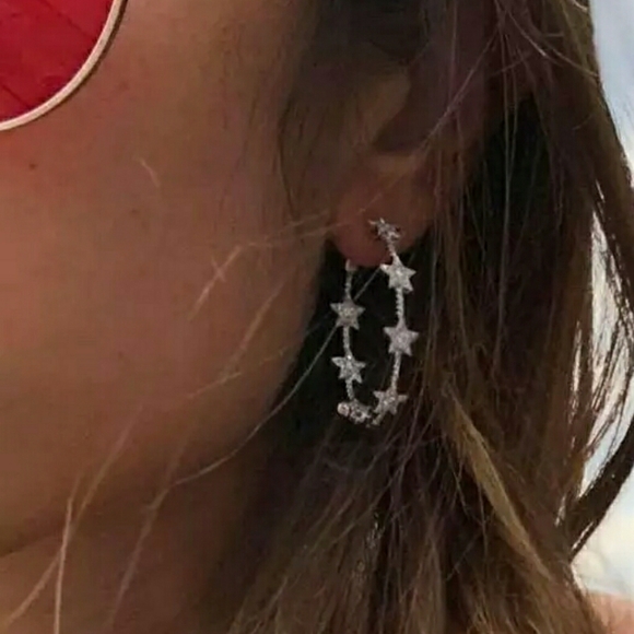 Trendy Pave Star Endless Hoop Earrings - Silver - Picture 8 of 8